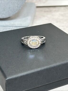 Touchstone Crystal by Swarovski Silver Halo Ring with Clear AB Center Crystal